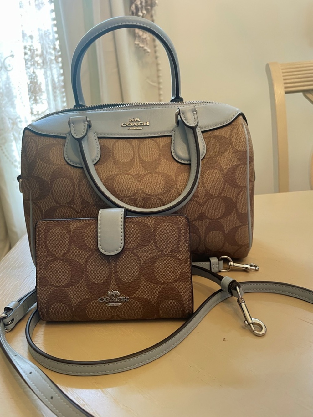 Coach Brown Signature Canvas Satchel with Light Blue Trim and Wallet Set